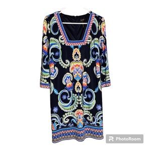square neck jersey dress lined blue/red/green paisley print size 8 Laundry